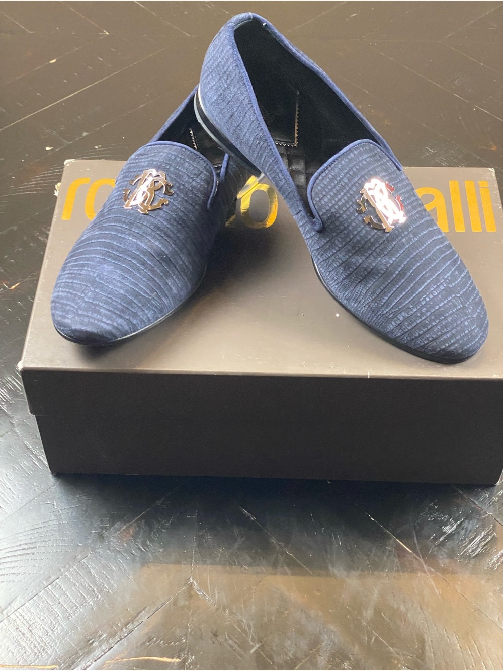Roberto Cavalli Navy Textured Velvet Slip-On Loafers with Metallic Crest.